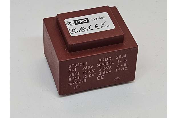 RS PRO 2x12V交流1输出PCB安装PCB变压器，5VA，符合IEC 61558-2-6标准